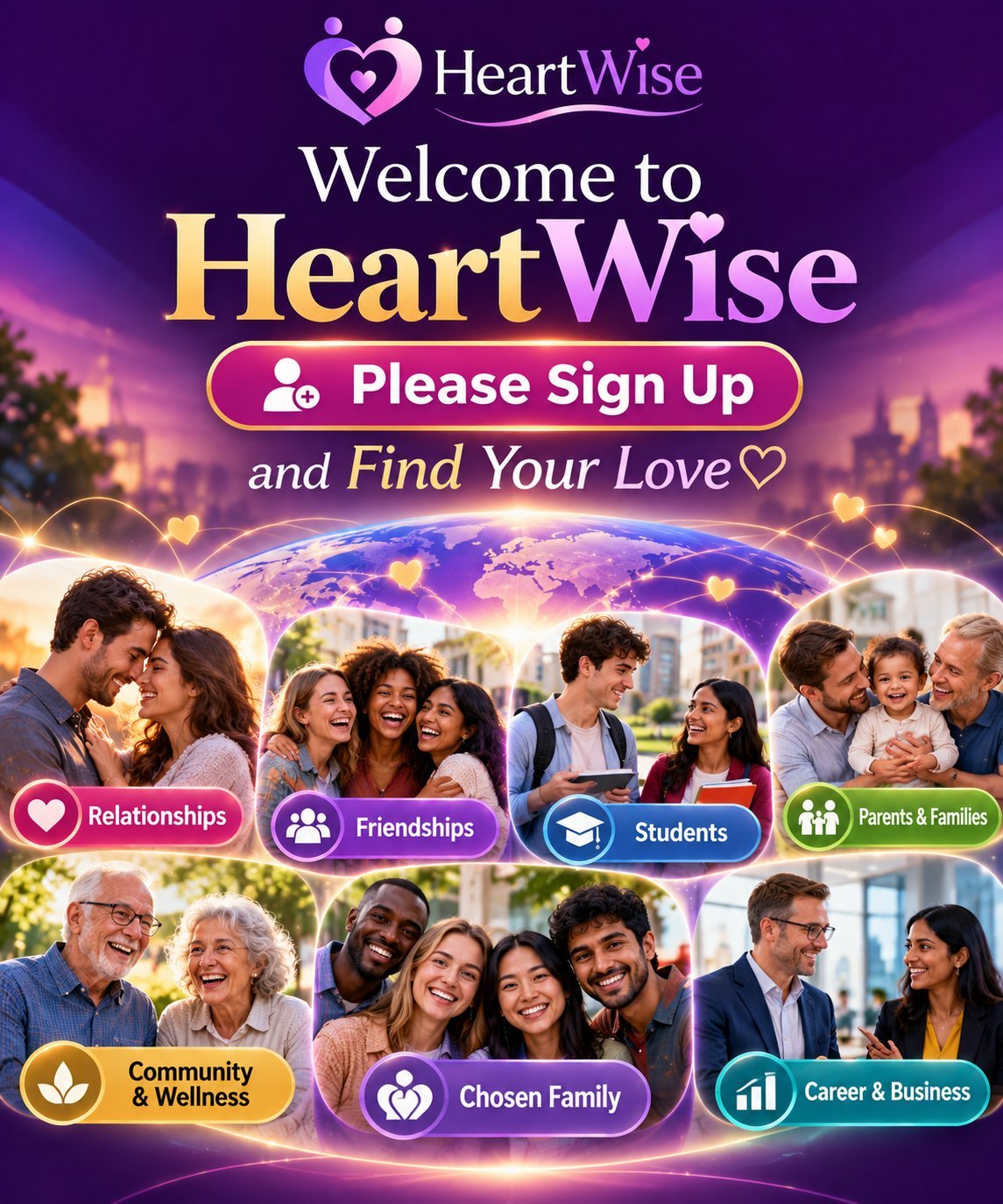 Welcome to HeartWise. Please sign up and find your love. Photos of people for Relationships, Friendships, Students, Parents and Families, Community and Wellness, Chosen Family, and Career and Business.