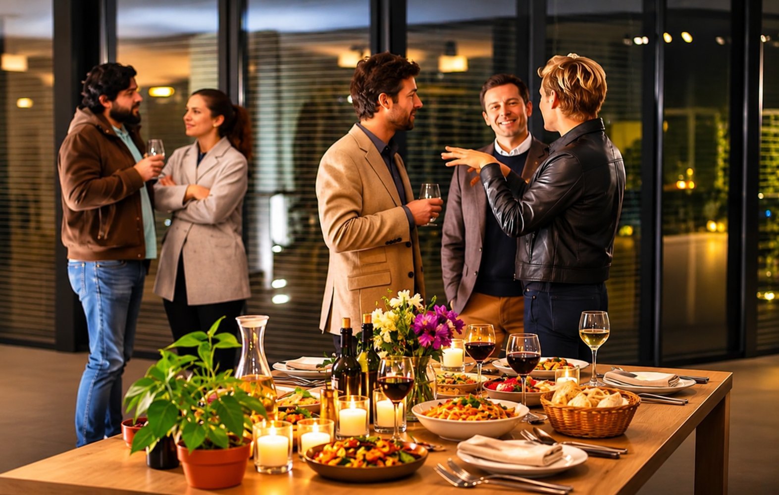 Friends chatting over drinks and a shared dinner at an evening social