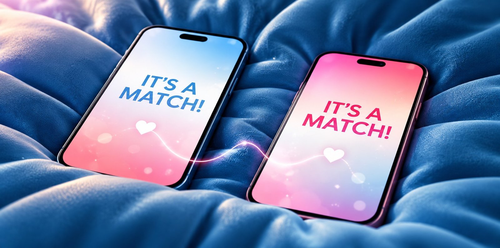 Two phones on a blue cushion, both showing It's a match!