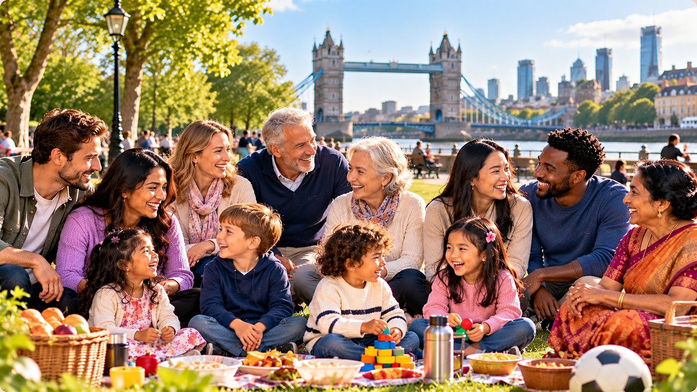 Multigenerational families and children enjoying a picnic together by Tower Bridge, London