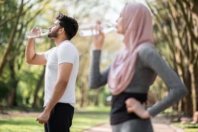 Two friends taking a water break after exercising in the park